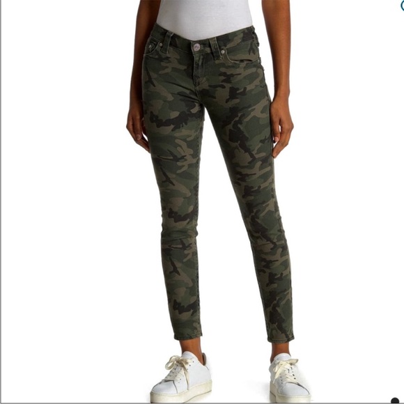 TRUE RELIGION HALLE MID RISE SUPER SKINNY OLIVE CAMO JEANS - Picture 1 of 9